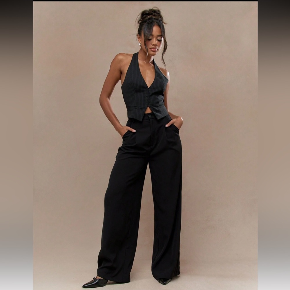 Missguided Pleated Wide Leg Dress Work Pants Size Medium Black
